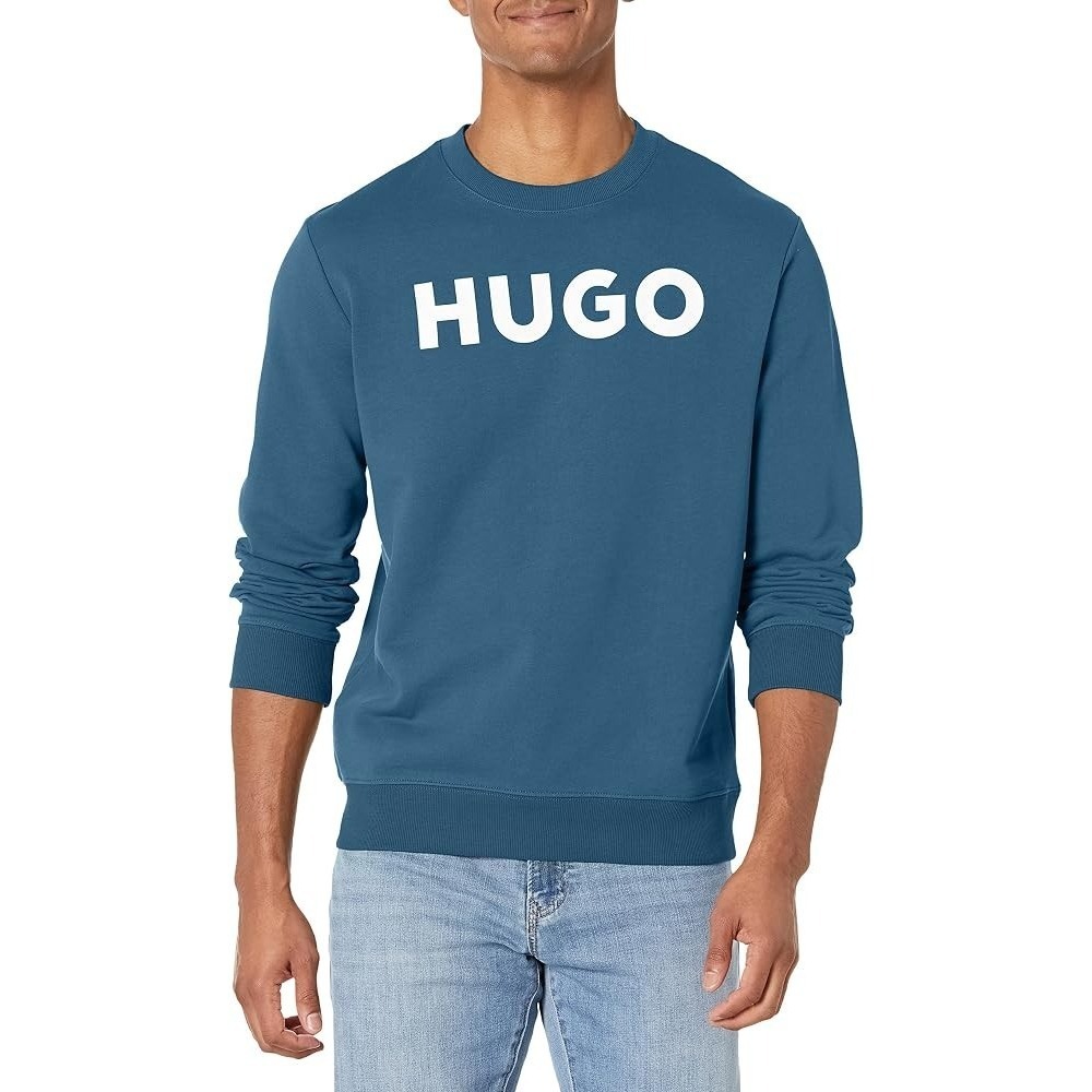 HUGO BOSS Mens Crewneck Sweatshirt Big Logo Cotton Blue Medium NWT